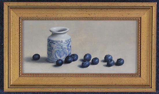 Willem Dolphyn (1935-) Blueberries and a white pot, 3.5 x 7.5in.